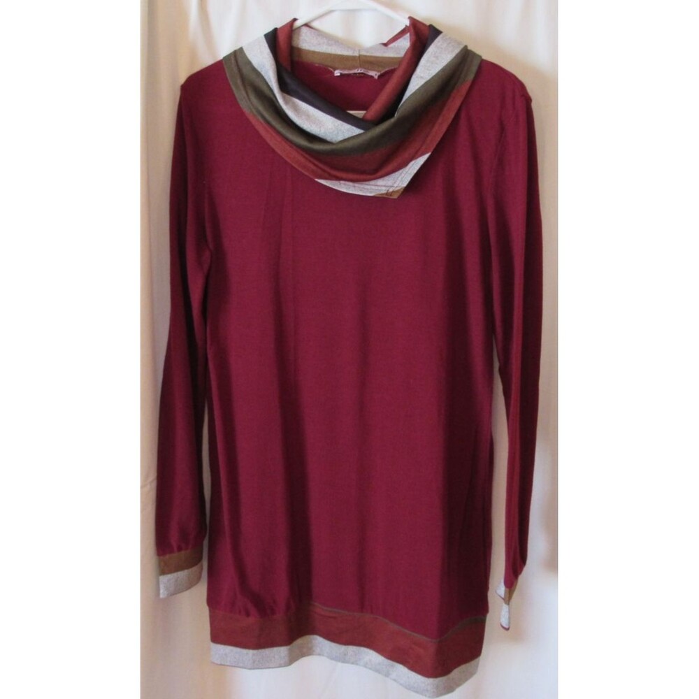 Slig Womens LS Pullover Cowl Neck Tunic Shirt Size Med Red w Black Gray Green